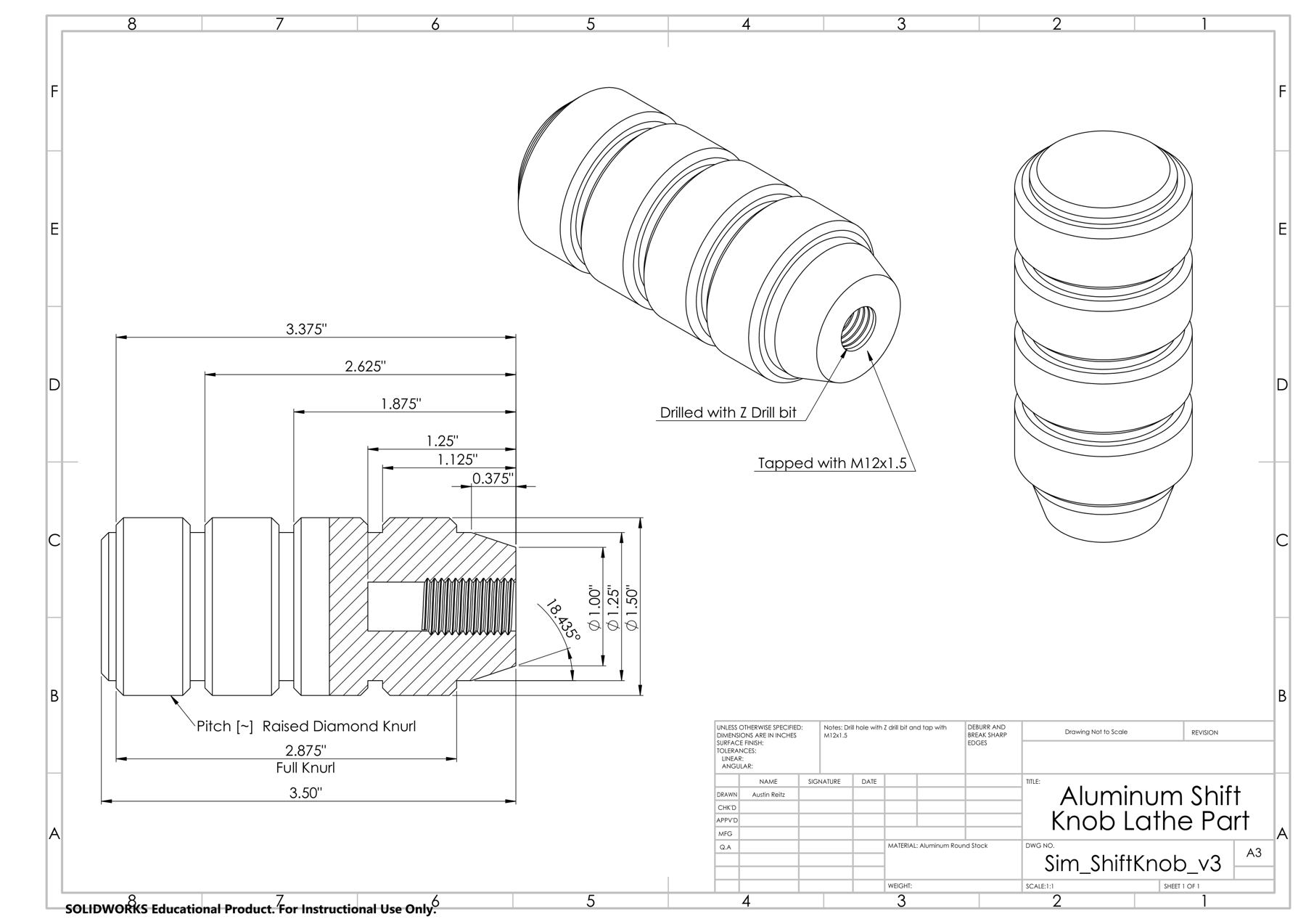 Dimensioned engineering drawing of the shift knob